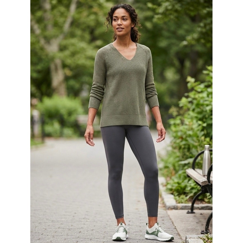 Athleta Womens Olive Green Merino Wool V-Neck Ribbed Sweater XS 159164-16 FA20